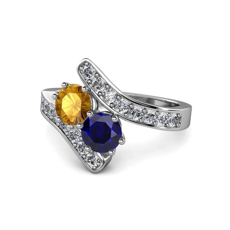 Eleni Citrine and Blue Sapphire with Side Diamonds Bypass Ring 