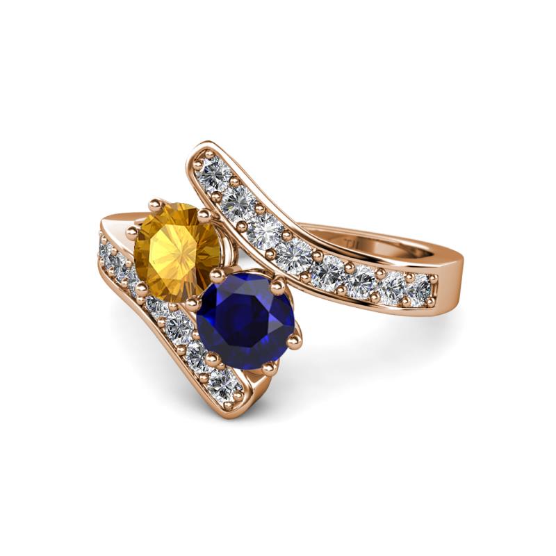 Eleni Citrine and Blue Sapphire with Side Diamonds Bypass Ring 