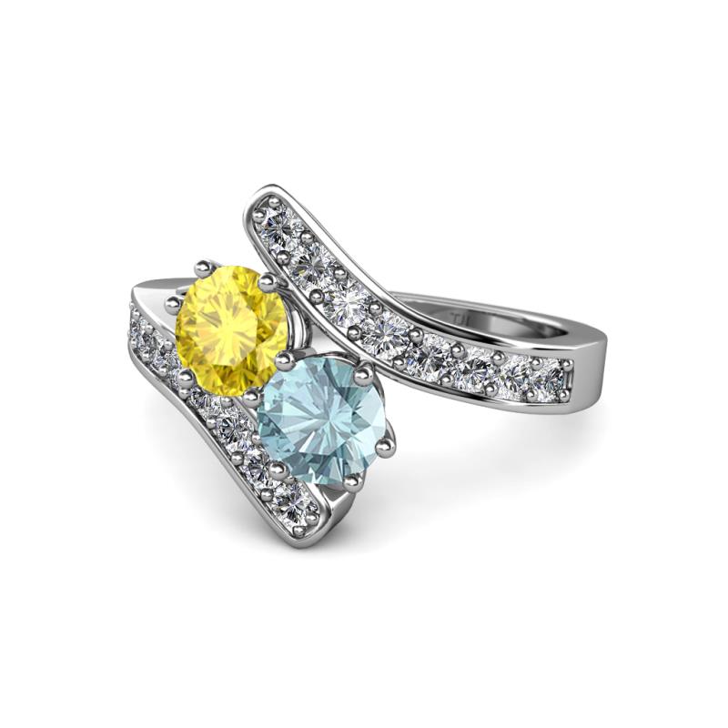Eleni Yellow Sapphire and Aquamarine with Side Diamonds Bypass Ring 