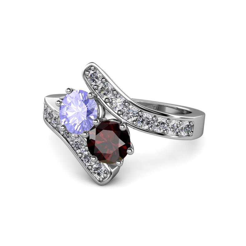 Eleni Tanzanite and Red Garnet with Side Diamonds Bypass Ring 