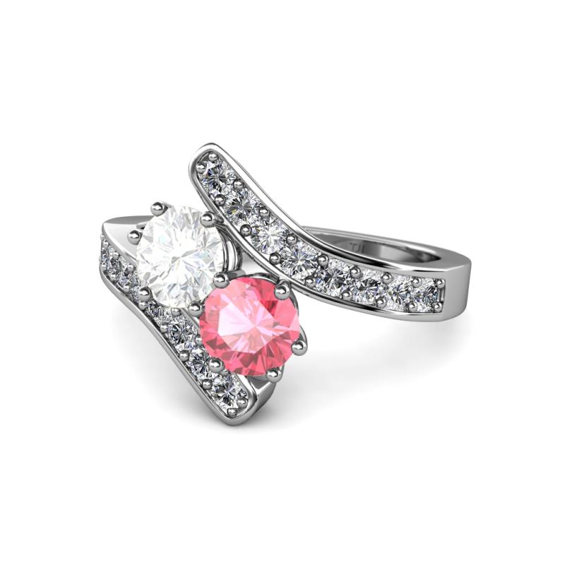 Eleni White Sapphire and Pink Tourmaline with Side Diamonds Bypass Ring 