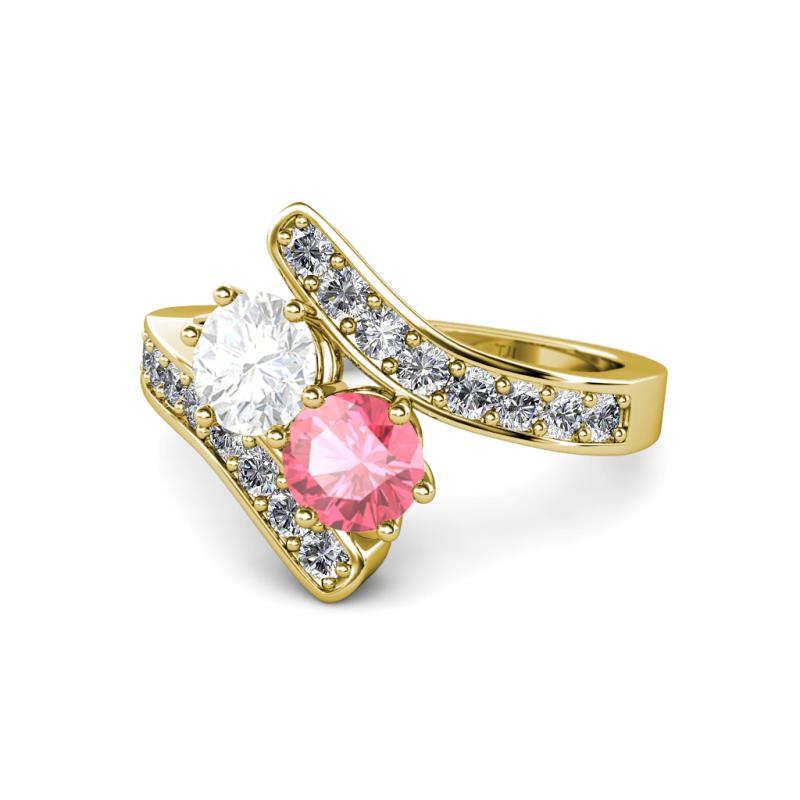Eleni White Sapphire and Pink Tourmaline with Side Diamonds Bypass Ring 