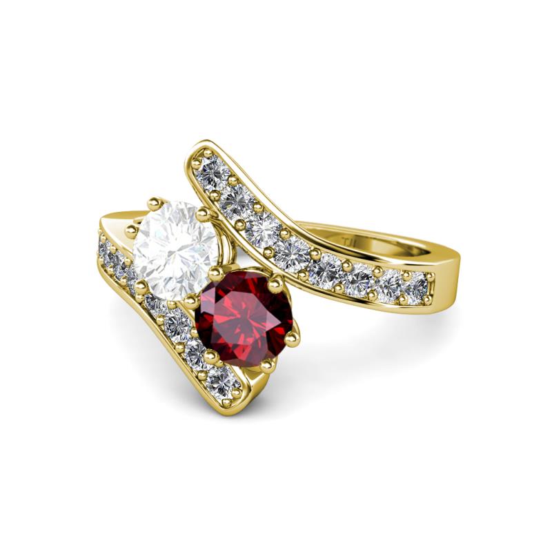 Eleni White Sapphire and Ruby with Side Diamonds Bypass Ring 