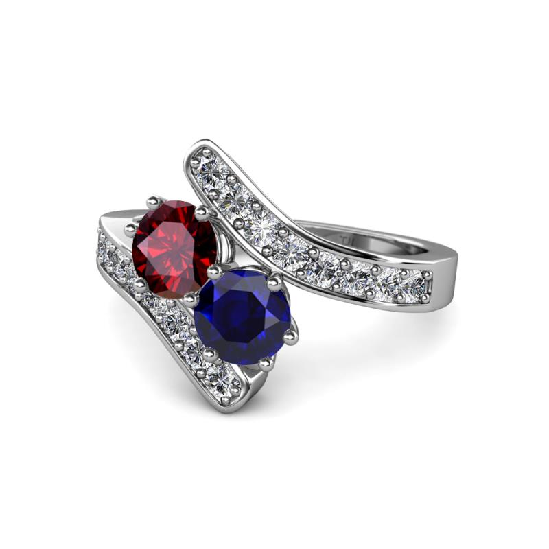 Eleni Ruby and Blue Sapphire with Side Diamonds Bypass Ring 