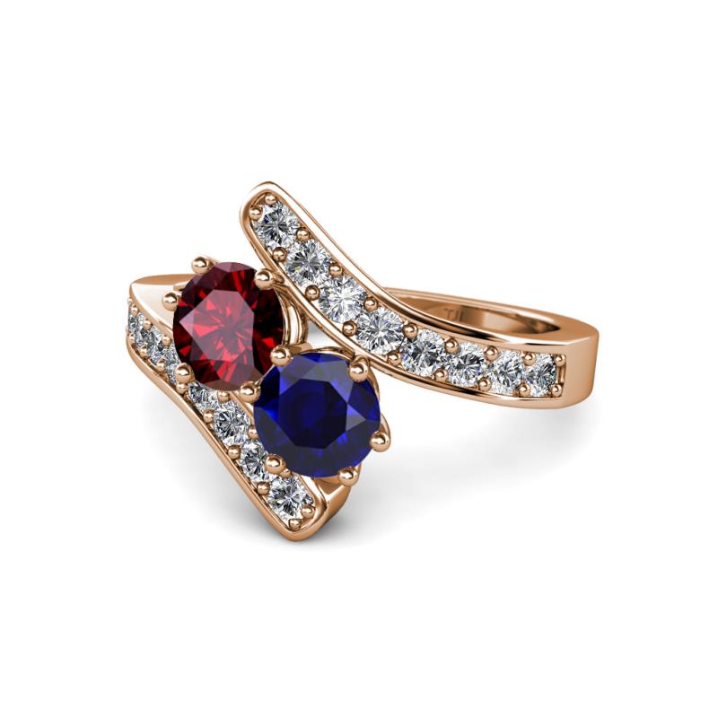 Eleni Ruby and Blue Sapphire with Side Diamonds Bypass Ring 