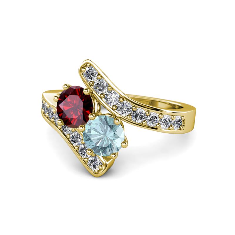 Eleni Ruby and Aquamarine with Side Diamonds Bypass Ring 