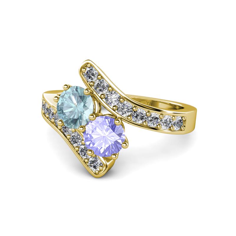 Eleni Aquamarine and Tanzanite with Side Diamonds Bypass Ring 