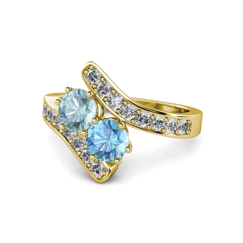 Eleni Aquamarine and Blue Topaz with Side Diamonds Bypass Ring 