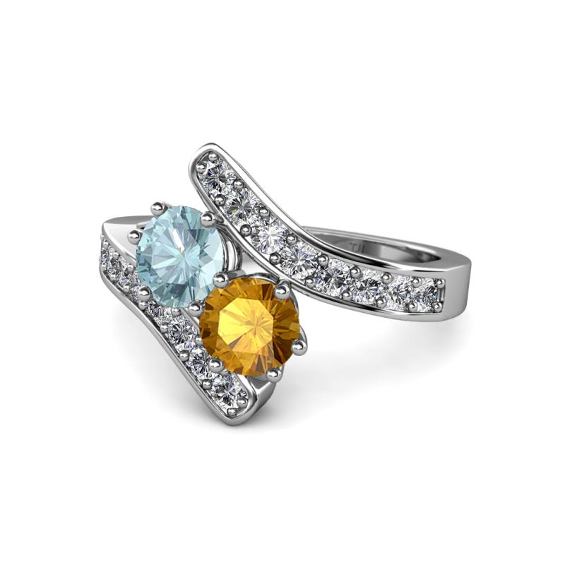 Eleni Aquamarine and Citrine with Side Diamonds Bypass Ring 