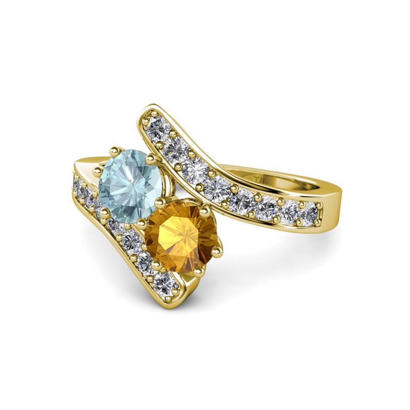 Eleni Aquamarine and Citrine with Side Diamonds Bypass Ring 
