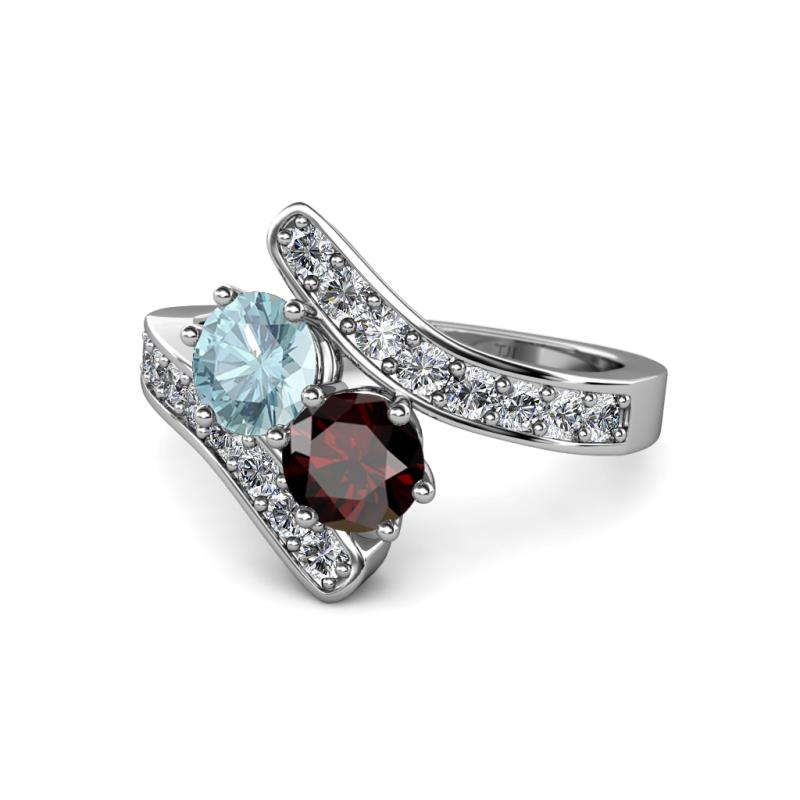 Eleni Aquamarine and Red Garnet with Side Diamonds Bypass Ring 