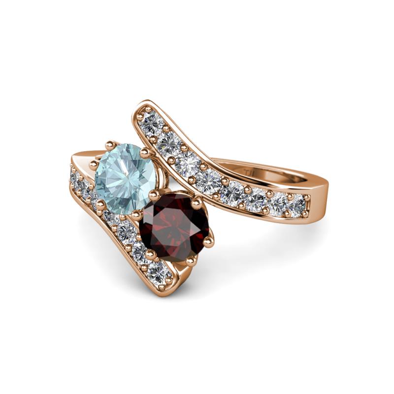 Eleni Aquamarine and Red Garnet with Side Diamonds Bypass Ring 
