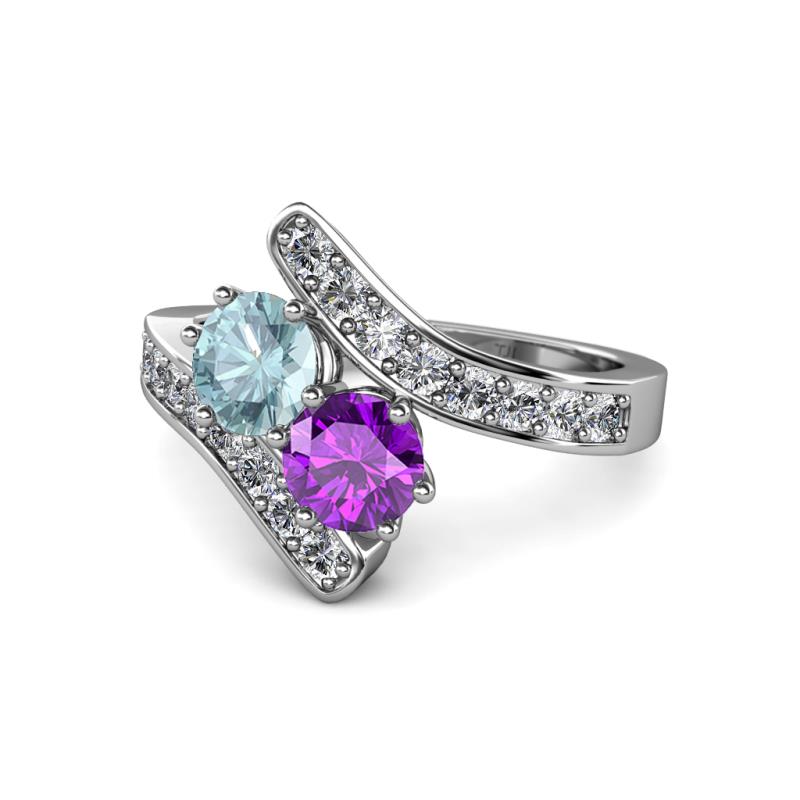 Eleni Aquamarine and Amethyst with Side Diamonds Bypass Ring 