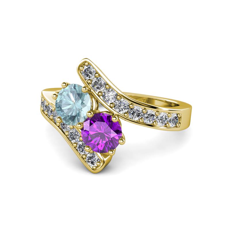 Eleni Aquamarine and Amethyst with Side Diamonds Bypass Ring 