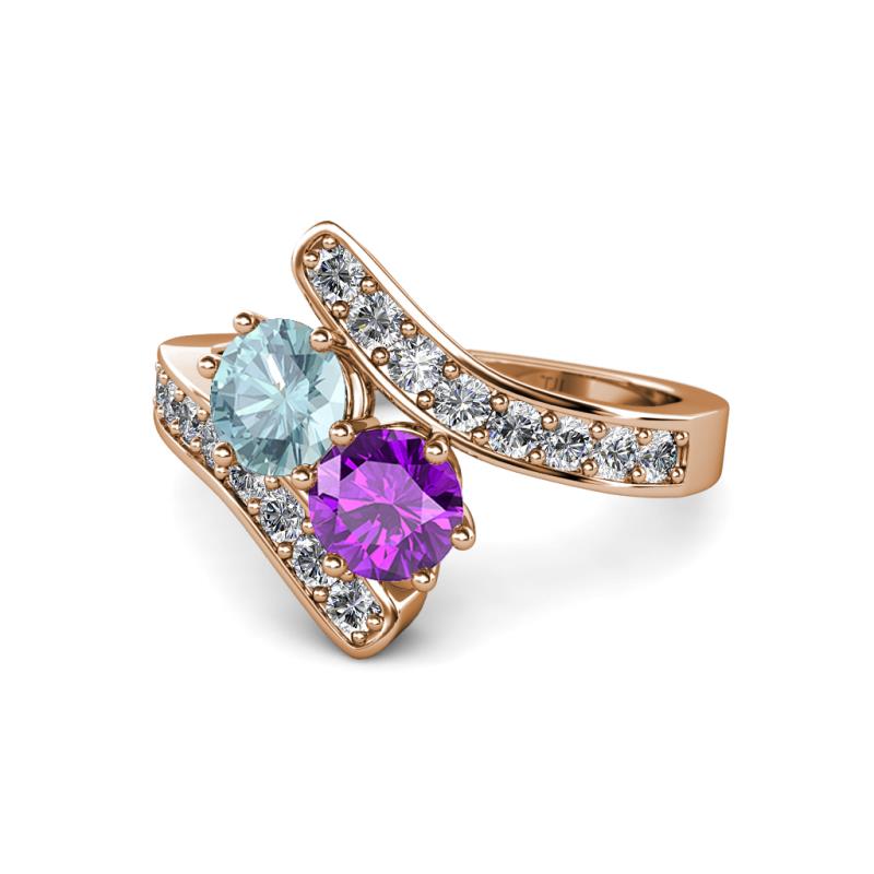 Eleni Aquamarine and Amethyst with Side Diamonds Bypass Ring 