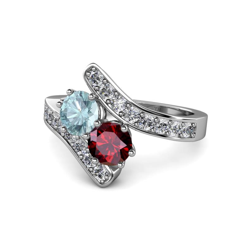 Eleni Aquamarine and Ruby with Side Diamonds Bypass Ring 