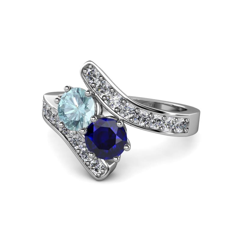 Eleni Aquamarine and Blue Sapphire with Side Diamonds Bypass Ring 