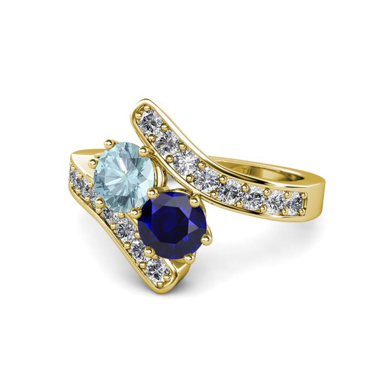 Eleni Aquamarine and Blue Sapphire with Side Diamonds Bypass Ring 