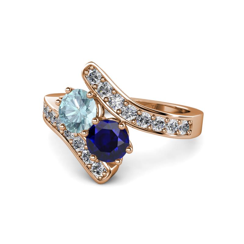 Eleni Aquamarine and Blue Sapphire with Side Diamonds Bypass Ring 