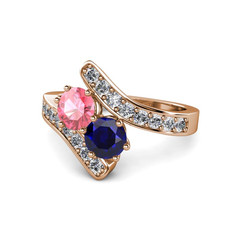 Eleni Pink Tourmaline and Blue Sapphire with Side Diamonds Bypass Ring 
