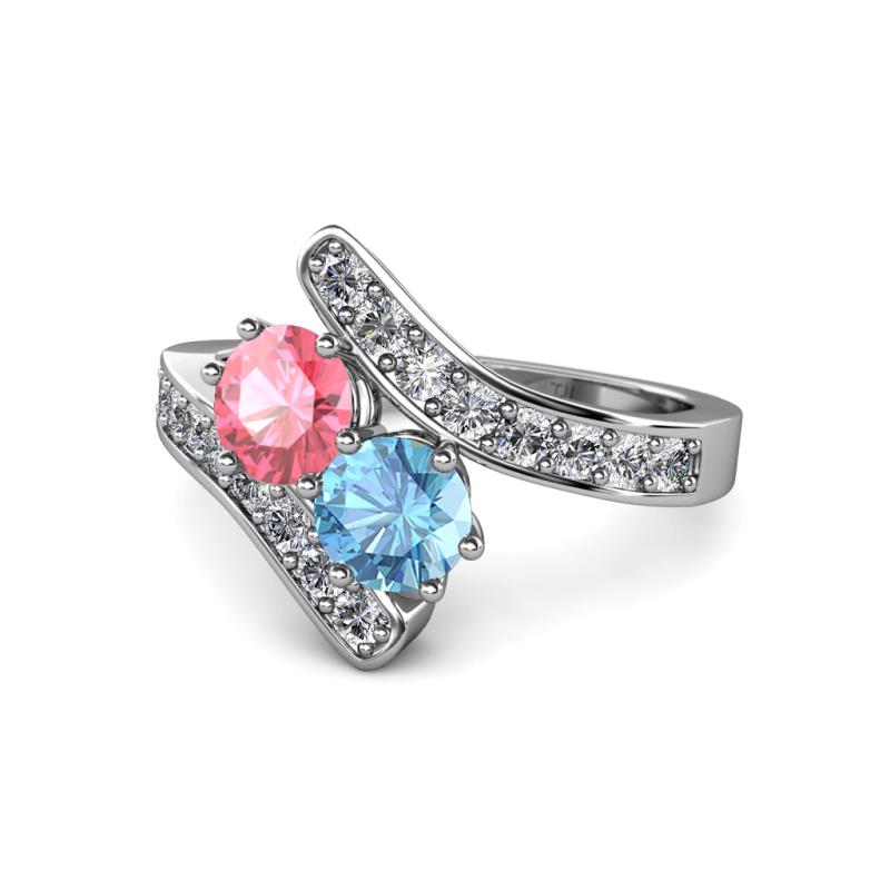 Eleni Pink Tourmaline and Blue Topaz with Side Diamonds Bypass Ring 