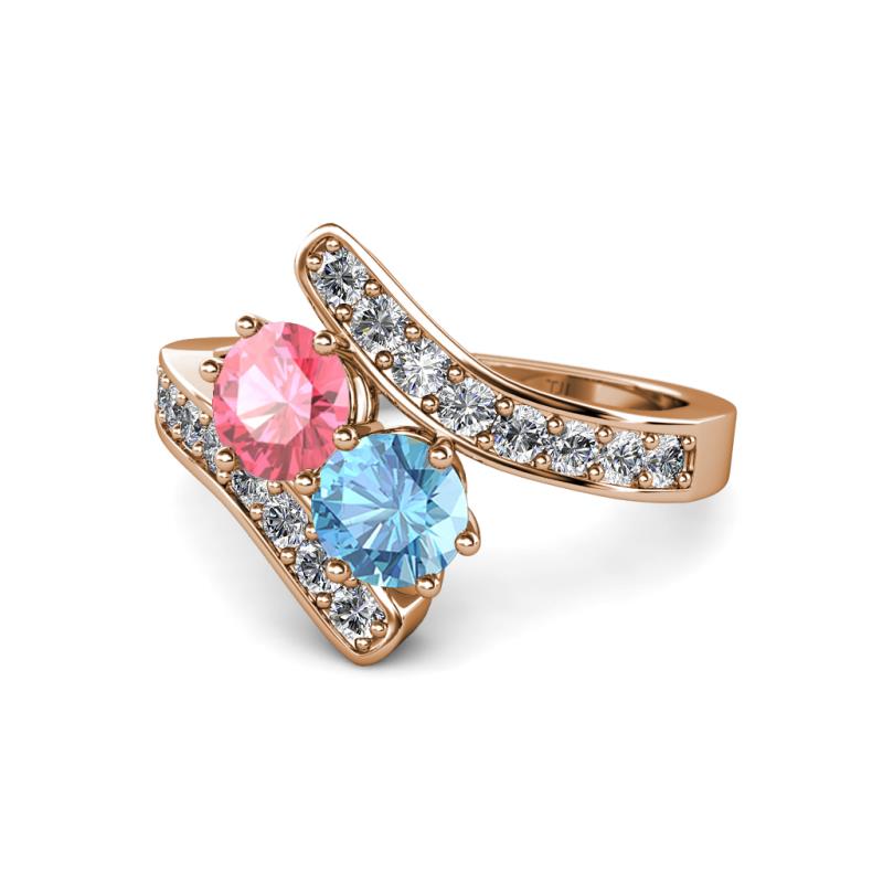 Eleni Pink Tourmaline and Blue Topaz with Side Diamonds Bypass Ring 