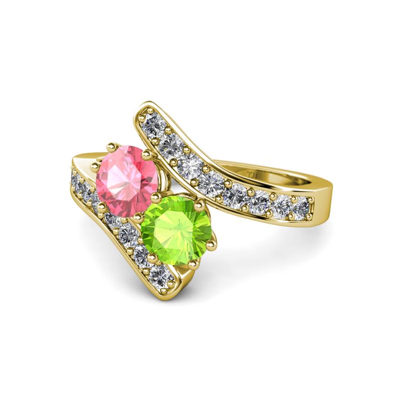 Eleni Pink Tourmaline and Peridot with Side Diamonds Bypass Ring 