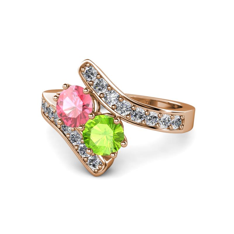 Eleni Pink Tourmaline and Peridot with Side Diamonds Bypass Ring 