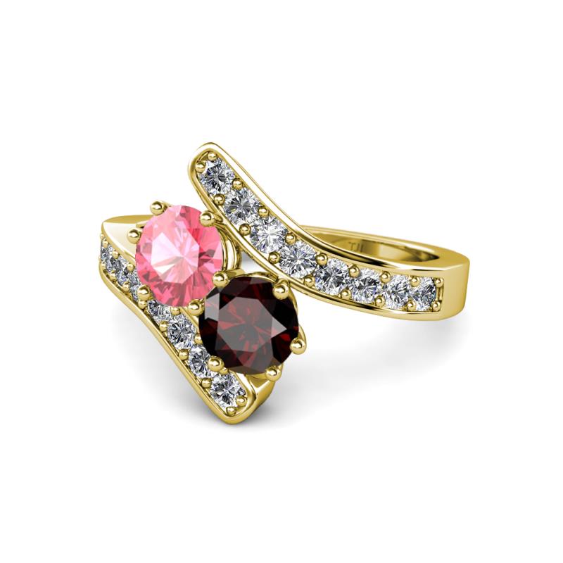 Eleni Pink Tourmaline and Red Garnet with Side Diamonds Bypass Ring 