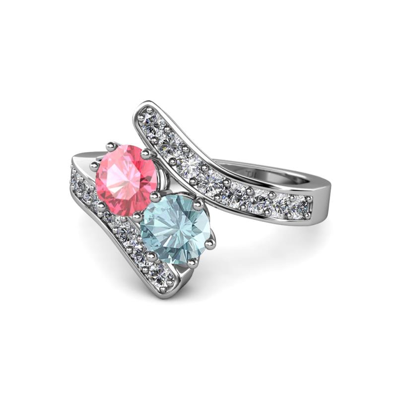Eleni Pink Tourmaline and Aquamarine with Side Diamonds Bypass Ring 