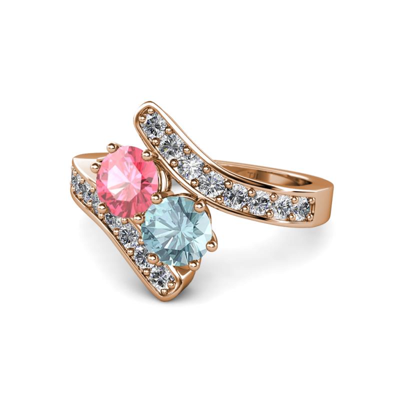 Eleni Pink Tourmaline and Aquamarine with Side Diamonds Bypass Ring 