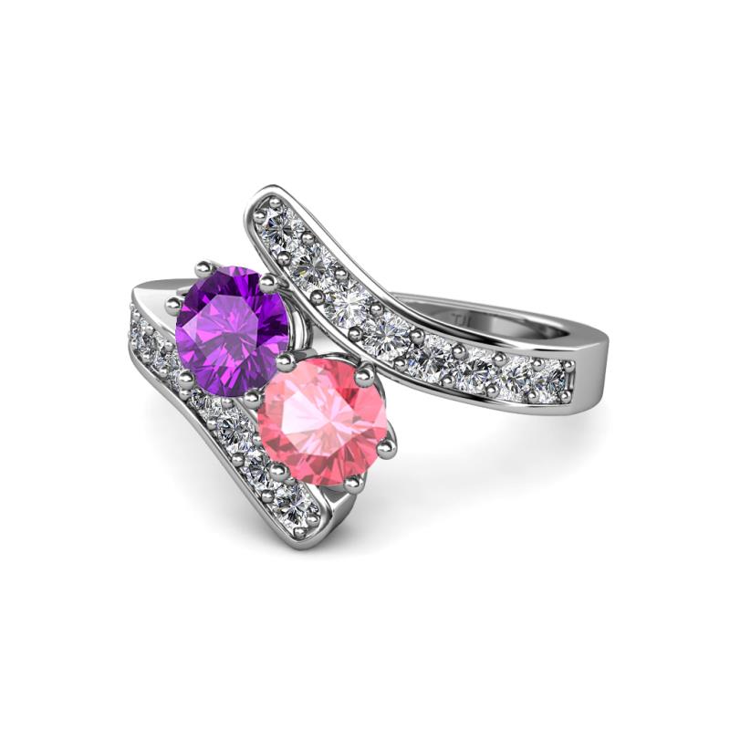 Eleni Amethyst and Pink Tourmaline with Side Diamonds Bypass Ring 