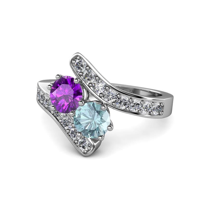 Eleni Amethyst and Aquamarine with Side Diamonds Bypass Ring 