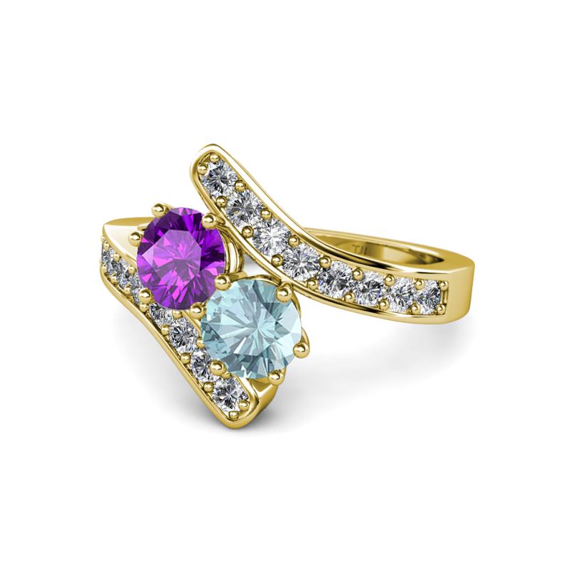 Eleni Amethyst and Aquamarine with Side Diamonds Bypass Ring 