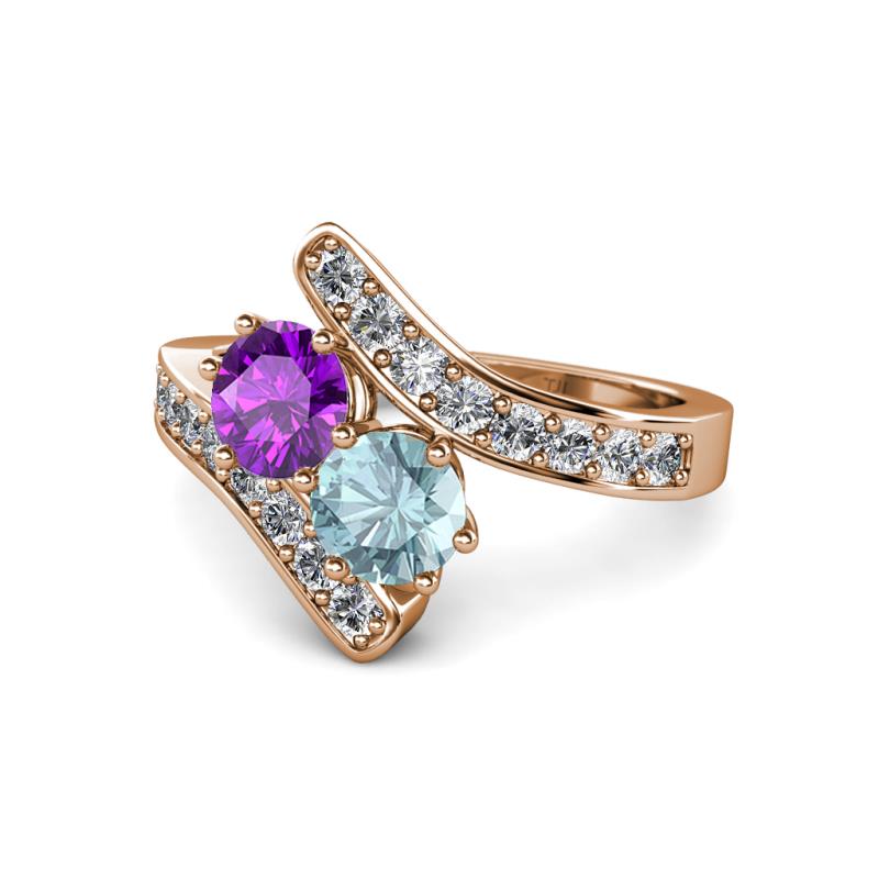Eleni Amethyst and Aquamarine with Side Diamonds Bypass Ring 