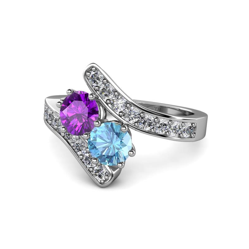 Eleni Amethyst and Blue Topaz with Side Diamonds Bypass Ring 