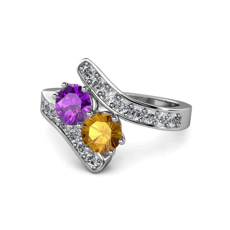 Eleni Amethyst and Citrine with Side Diamonds Bypass Ring 