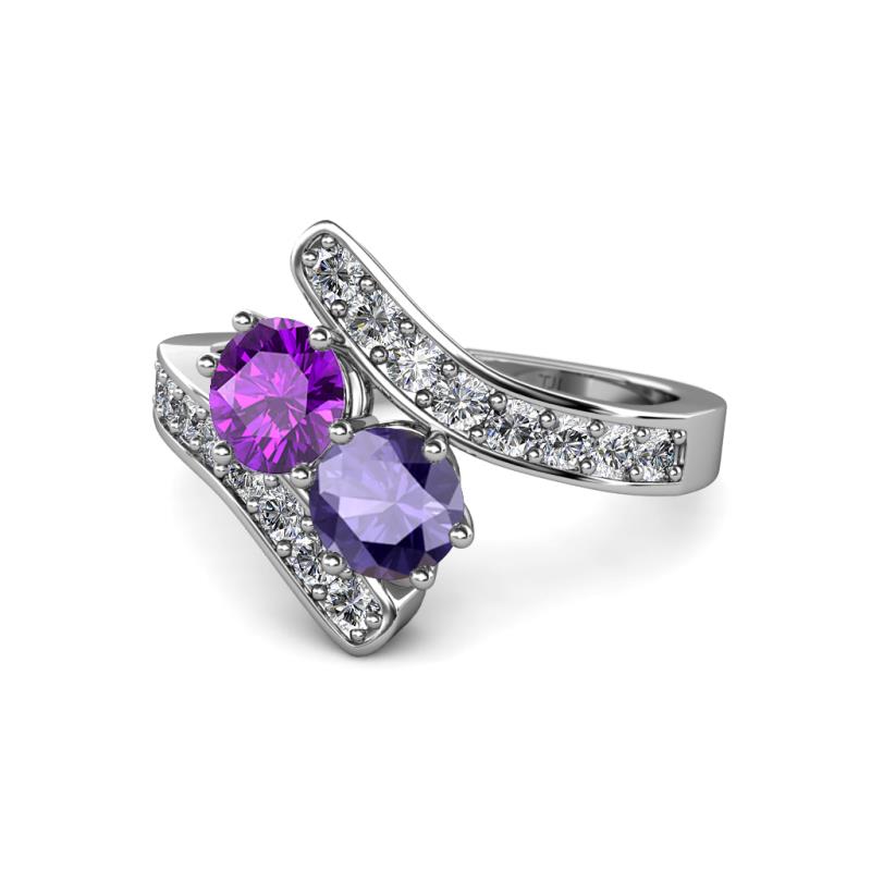 Eleni Amethyst and Iolite with Side Diamonds Bypass Ring 