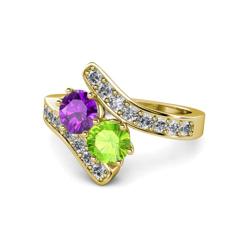 Eleni Amethyst and Peridot with Side Diamonds Bypass Ring 