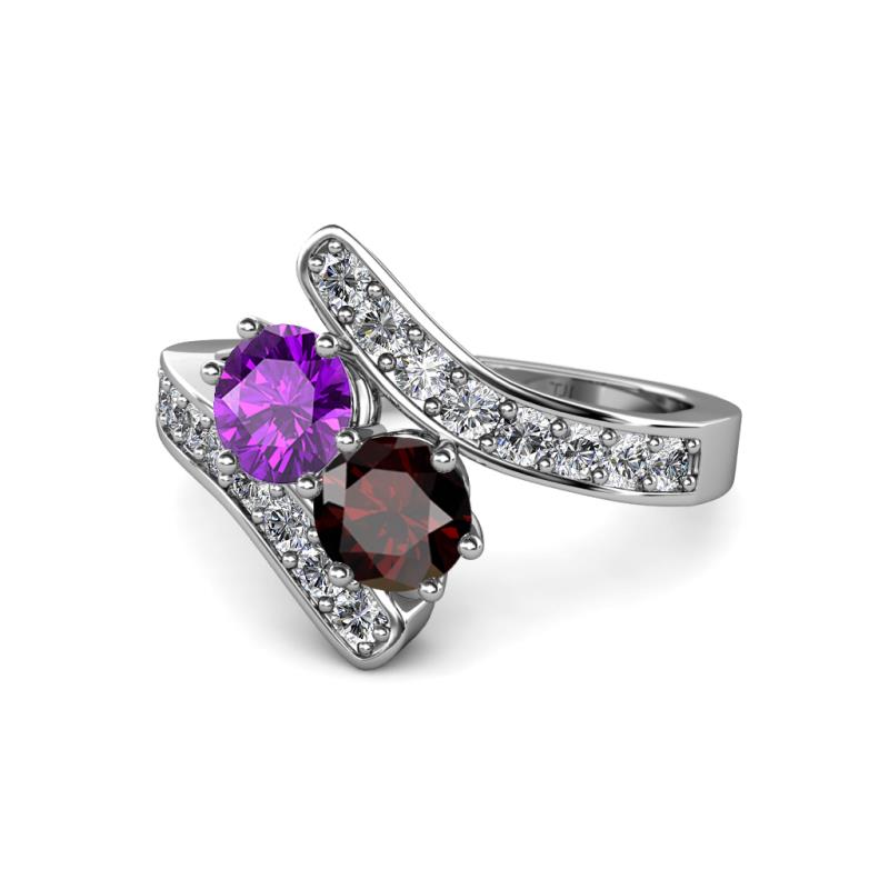 Eleni Amethyst and Red Garnet with Side Diamonds Bypass Ring 
