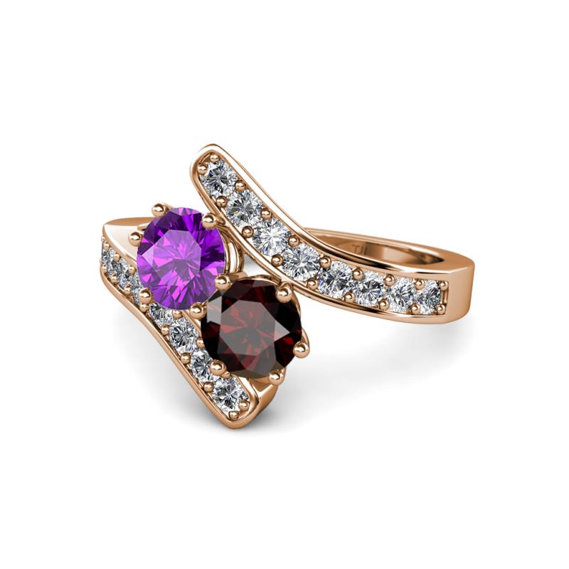 Eleni Amethyst and Red Garnet with Side Diamonds Bypass Ring 