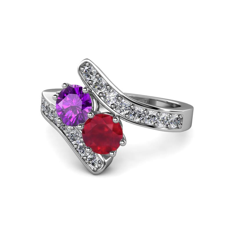Eleni Amethyst and Ruby with Side Diamonds Bypass Ring 