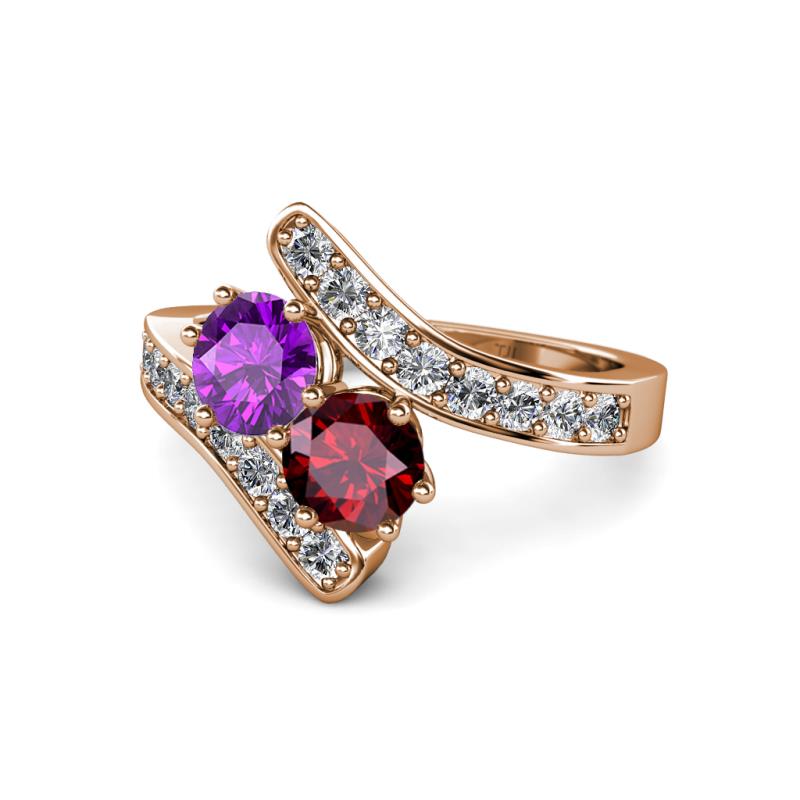 Eleni Amethyst and Ruby with Side Diamonds Bypass Ring 