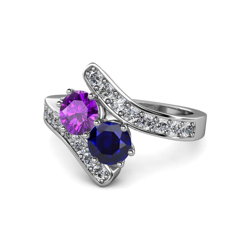 Eleni Amethyst and Blue Sapphire with Side Diamonds Bypass Ring 
