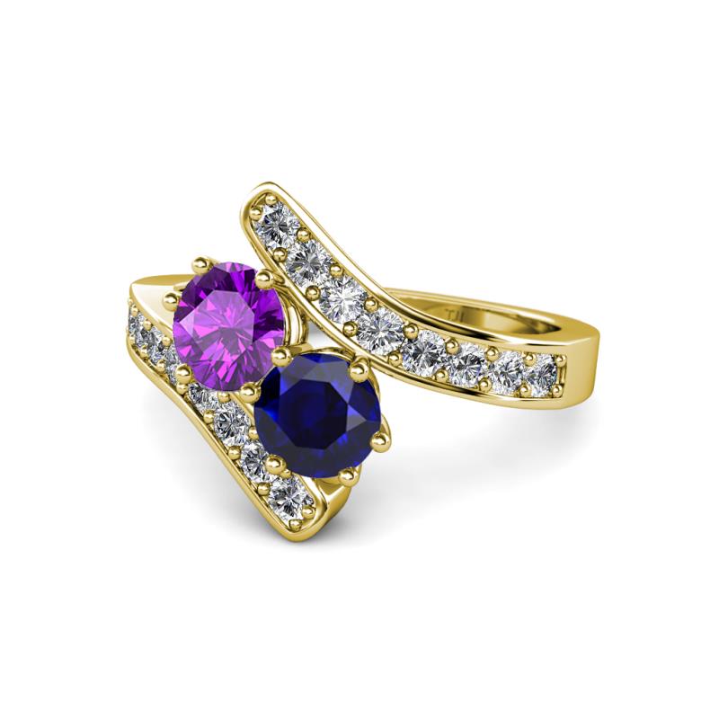 Eleni Amethyst and Blue Sapphire with Side Diamonds Bypass Ring 