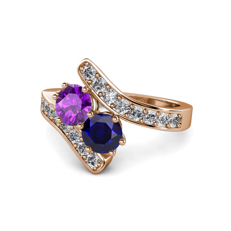 Eleni Amethyst and Blue Sapphire with Side Diamonds Bypass Ring 