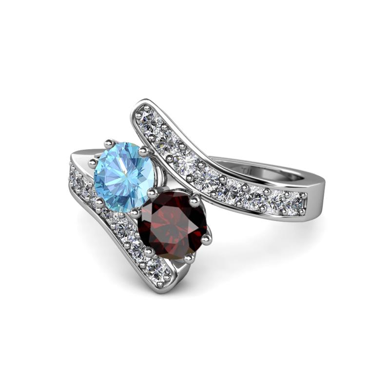 Eleni Blue Topaz and Red Garnet with Side Diamonds Bypass Ring 
