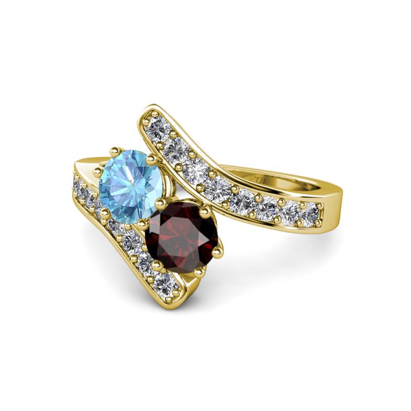 Eleni Blue Topaz and Red Garnet with Side Diamonds Bypass Ring 