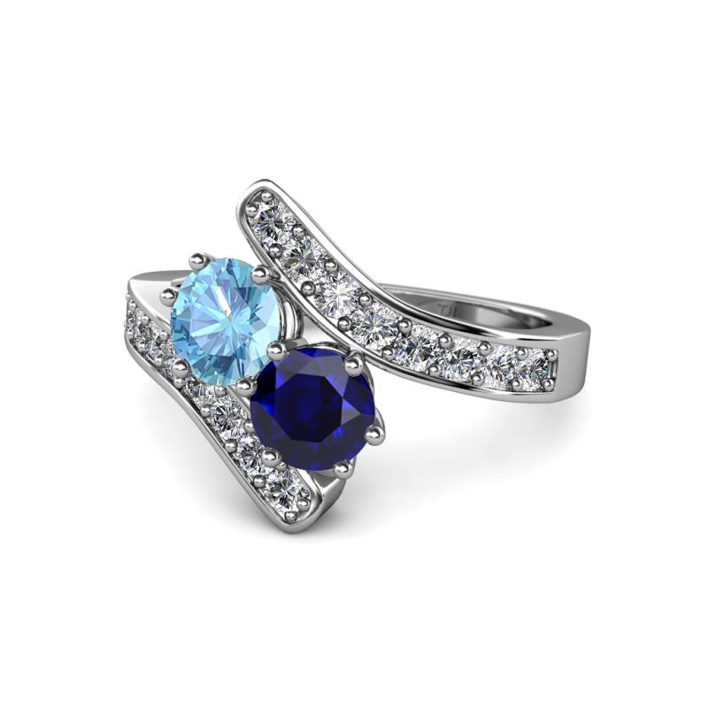 Eleni Blue Topaz and Blue Sapphire with Side Diamonds Bypass Ring 