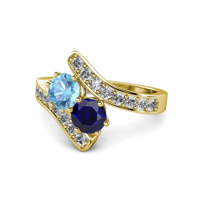 Eleni Blue Topaz and Blue Sapphire with Side Diamonds Bypass Ring 